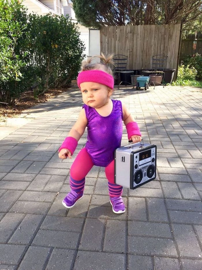 baby girl, dressed as an 80s disco, aerobics instructor, holding a boombox, childrens halloween costumes