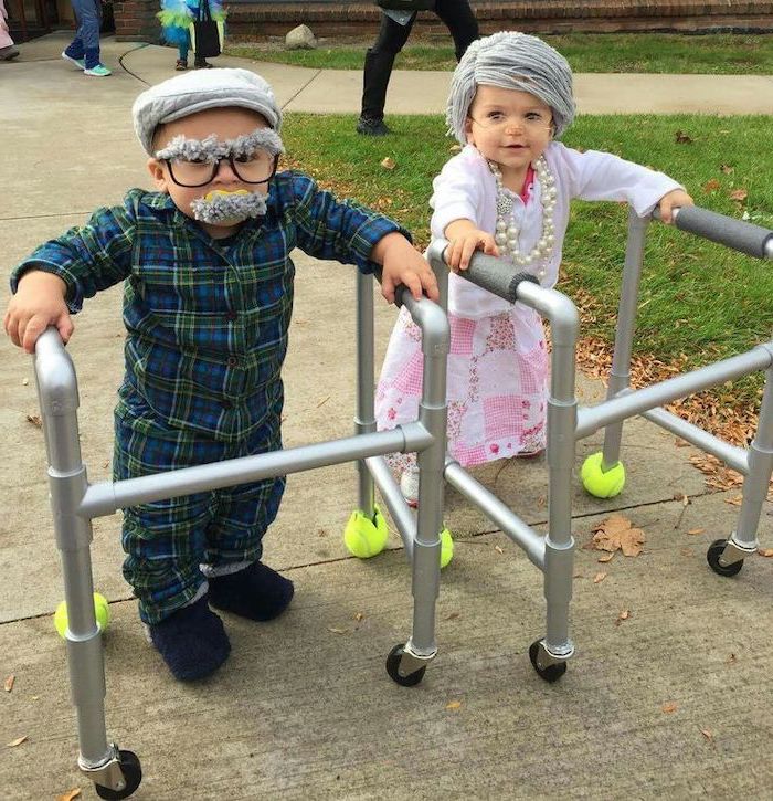 funny halloween costumes for kids, baby boy and girl, dressed as old people, with silver hair and beard