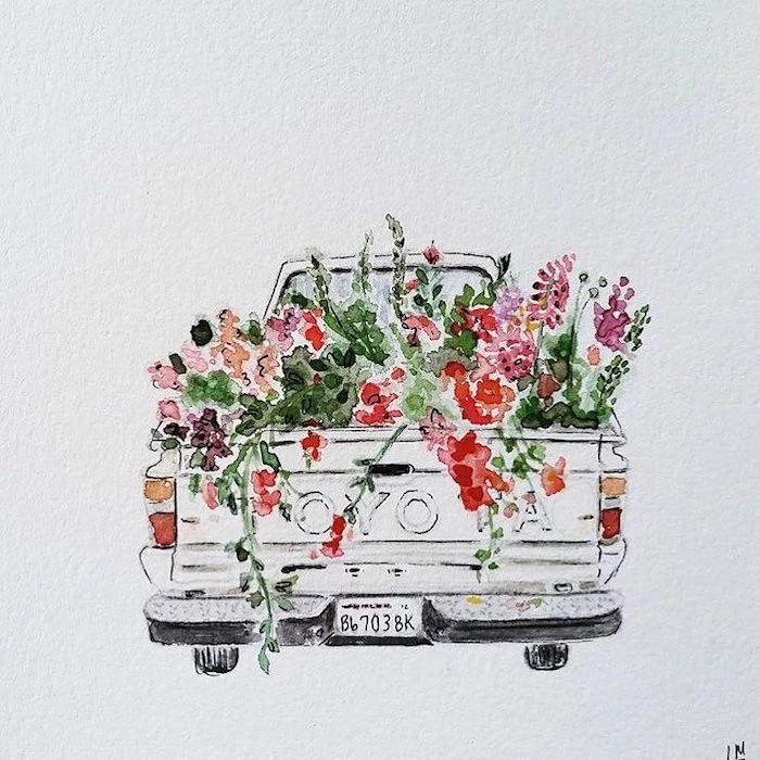 toyota pickup, truck full of flowers, cool simple drawings, watercolor painting, white background