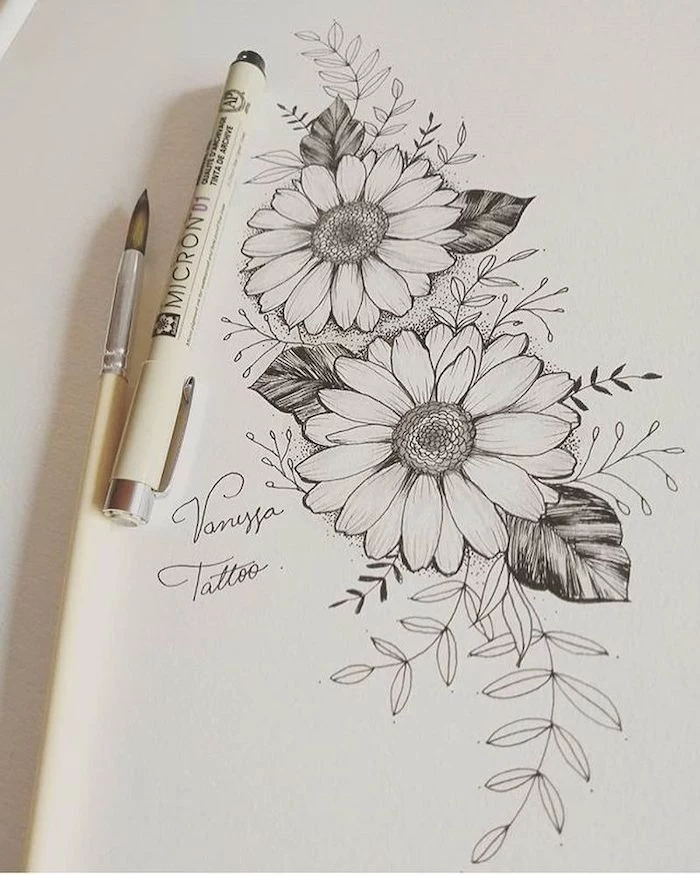 cute flower drawings, two sunflowers, black pencil sketch, on white background