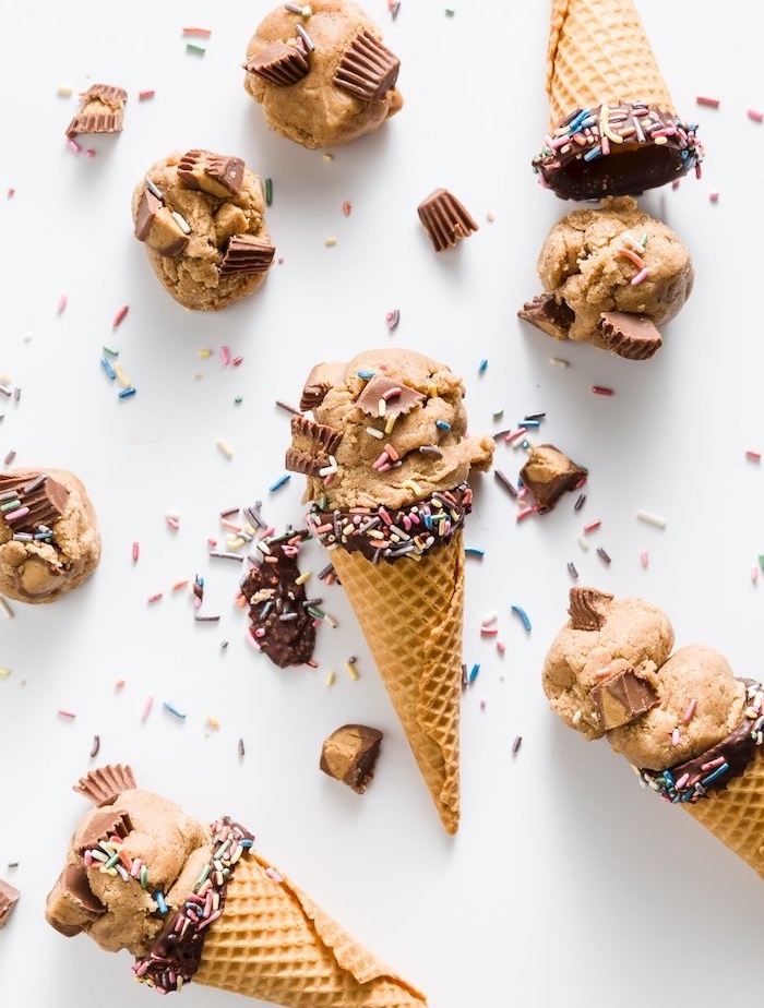 ice cream cone, cookie dough, chocolate and sprinkles, homemade chocolate chip cookie recipe, white table