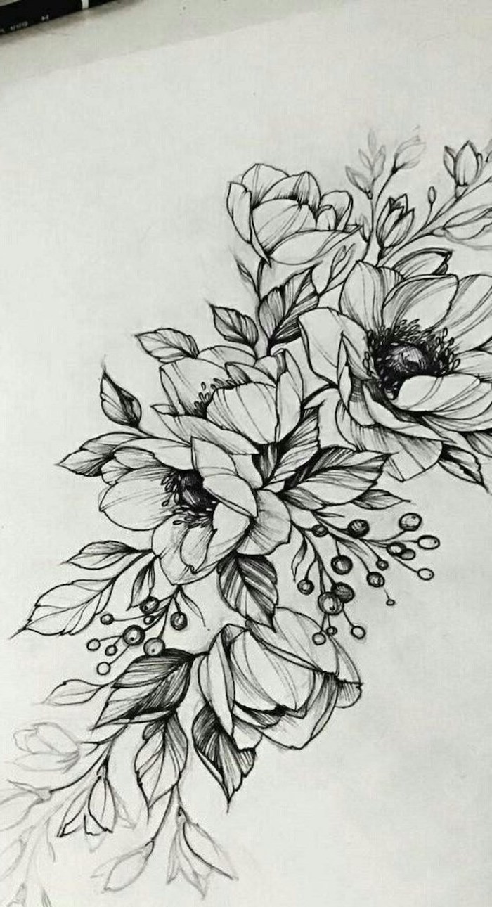 black and white pencil drawings of flowers