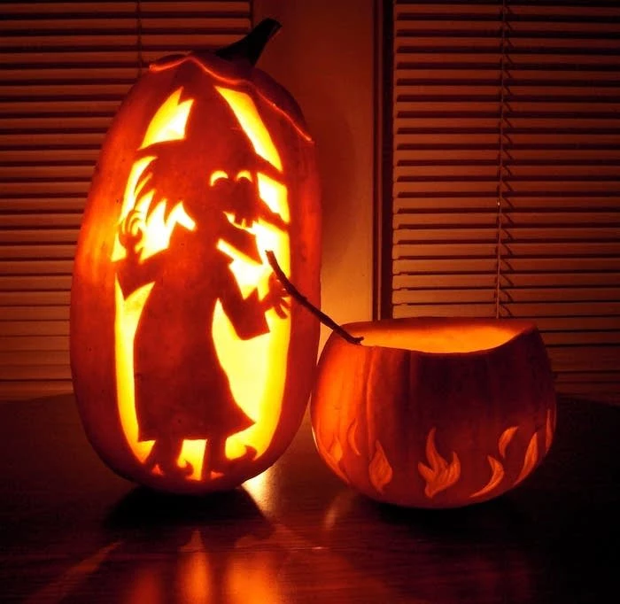 witch carved into a pumpkin, mixing a potion in another pumpkin, lit by candles, how to carve a pumpkin, easy pumpkin carving patterns
