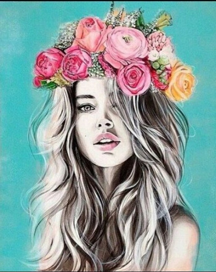 woman with long hair, flower crown, cute flower drawings, turquoise background, colored painting