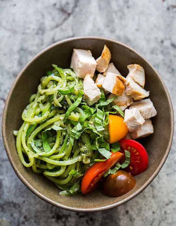 chicken fillet, chopped in cubes, cherry tomatoes, zucchini noodles, in a bowl, what are zoodles