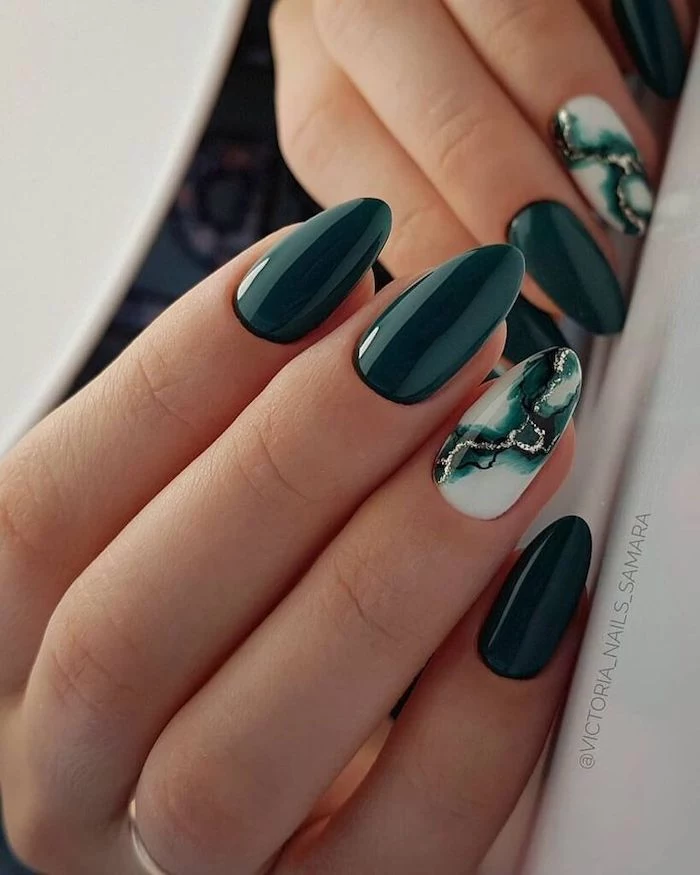 fall nail colors, almond nails, dark green nail polish, green and white, gold glitter marble nail