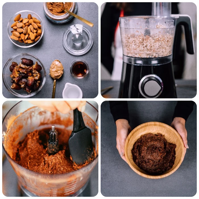 photo collage, ingredients in glass bowls, mixed in a blender, mixture in wooden bowl, energy balls