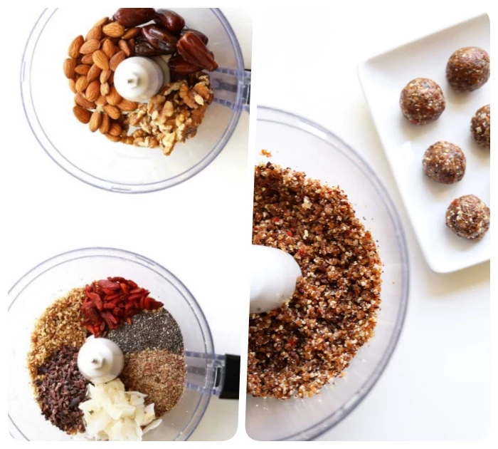 almonds and dates, chia seeds, goji berry, blended together, no bake energy bites, side by side photos