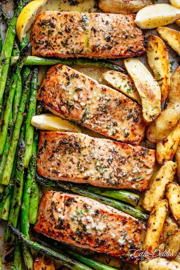 baked salmon, asparagus and potatoes, on the side, lemon slices, weeknight dinners, in a sheet pan