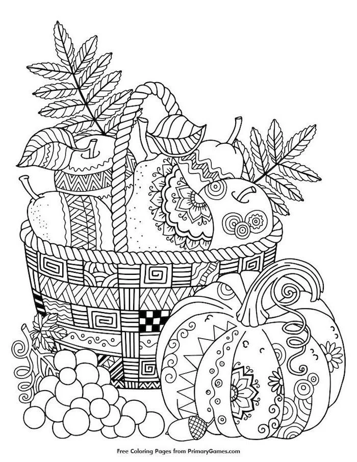 black and white sketch, basket full of fruits, pumpkin and grapes, thanksgiving coloring sheets, apples and pears