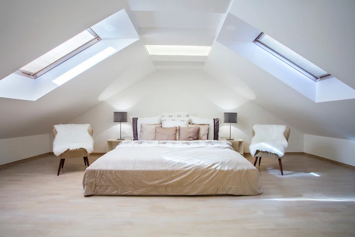 wooden floor, vault definition, white aesthetics, big skylights, king size bedroom, two armchairs