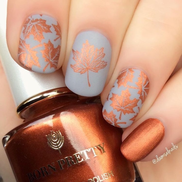 grey matte nail polish, golden brown, nail polish bottle, fall nail designs, fall leaves, nail decorations