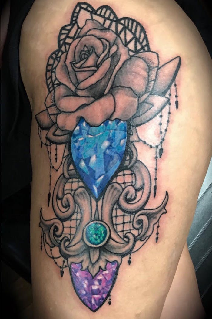 tattoo designs for women, blue and purple, turquoise crystals, large rose