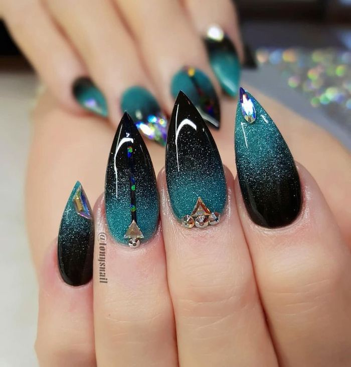 blue glitter, black nail polish, ombre nails, popular nail colors, rhinestones on the nails, nail decorations