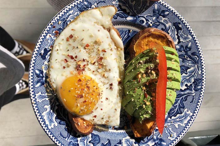 bakes sweet potato, avocado sliced, fried egg, healthy meal plans, blue white plate