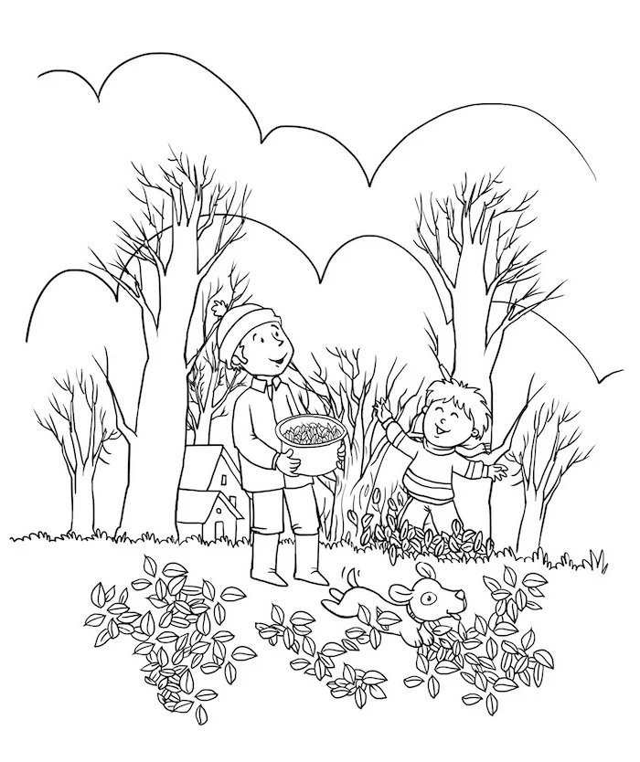 thanksgiving coloring pages, boy and father, collecting fall leaves dog playing around them, black and white sketch
