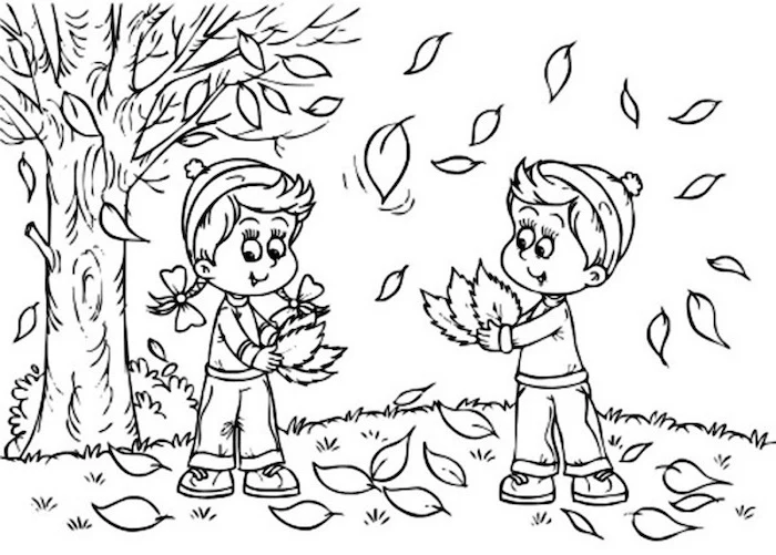 boy and girl, playing with falling leaves, under a tree, coloring pictures for adults, black and white sketch