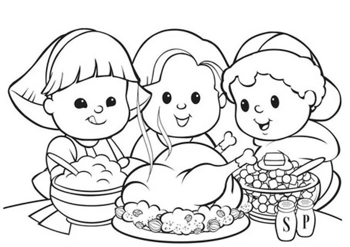 boy girl and a woman, sitting around the table, coloring pictures for adults, roasted turkey, stuffing in a bowl