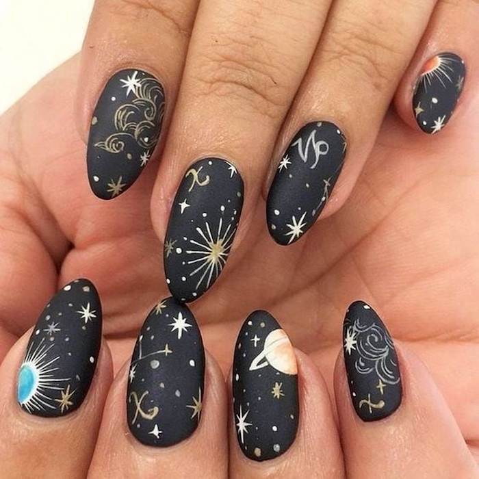 trending nail colors, horoscope nails, star signs, constellations and planets, nail decorations, black matte, nail polish