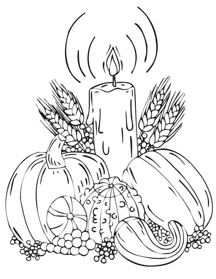 lit candle, pumpkins and grapes, around it, black and white sketch, coloring pictures for adults