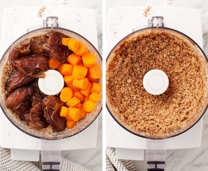 carrots and dates, mixed together in a blender, peanut butter oatmeal balls, side by side photos