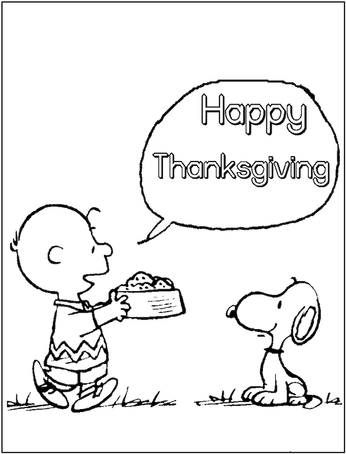 coloring pictures for adults, happy thanksgiving, charlie brown and snoopy, black and white sketch