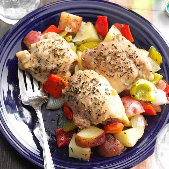 sweet potatoes, peppers in blue plate, chicken breast cubes, meal prep for weight loss, silver fork