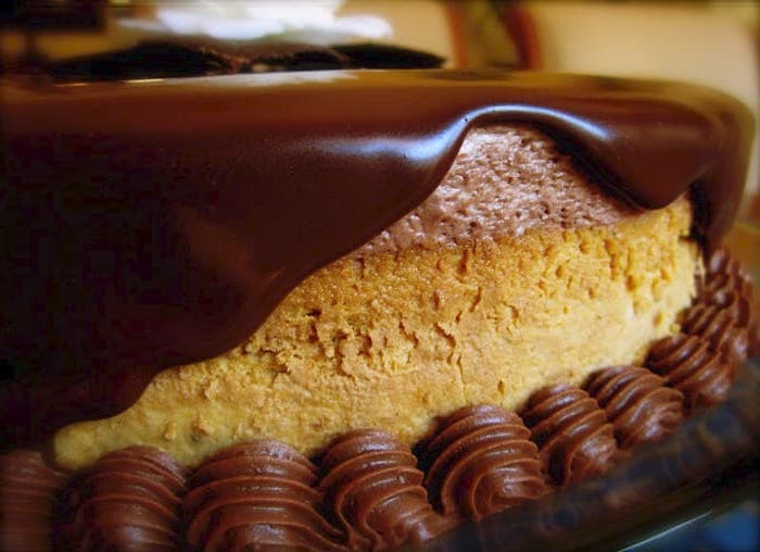 two layers, pumpkin cake, best thanksgiving desserts, chocolate glaze on top