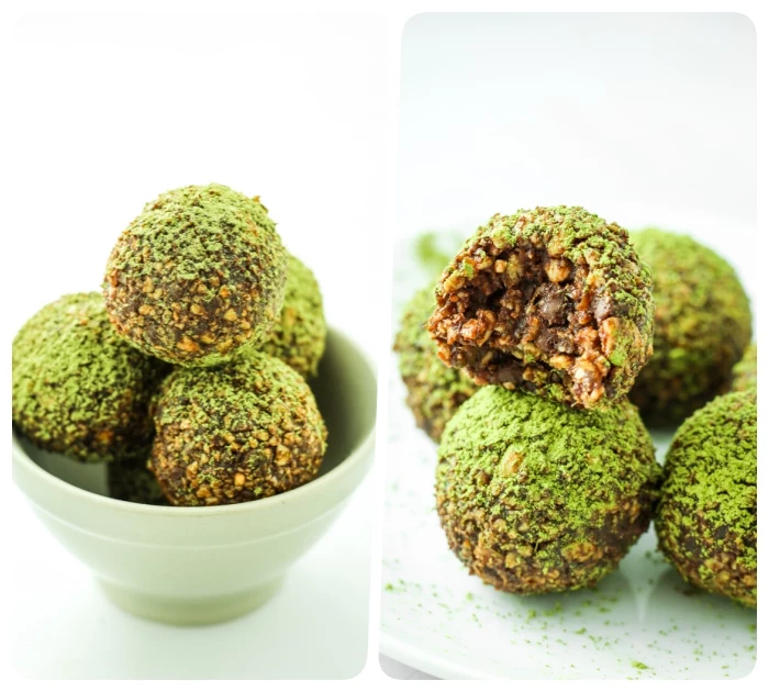 side by side photos, healthy peanut butter balls, covered in matcha powder, in a white bowl