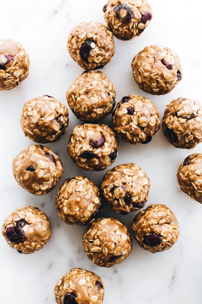 peanut butter, dates and oatmeal, healthy peanut butter balls, marble countertop