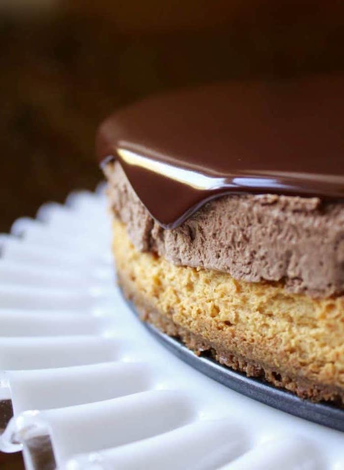 white cake stand, two layers, pumpkin cake, chocolate glaze, best thanksgiving desserts