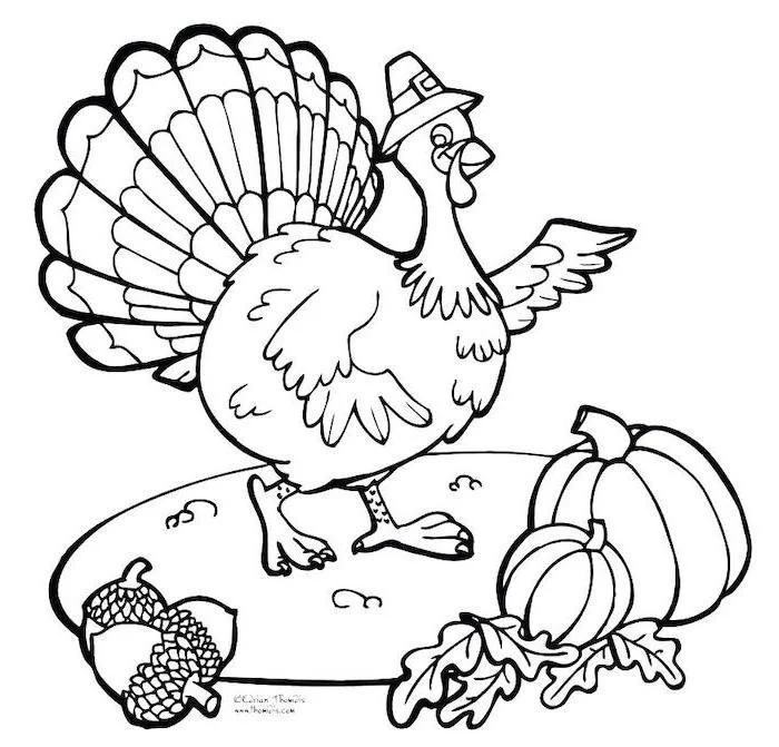 turkey with a hat, printable thanksgiving coloring pages, pumpkins and acorns, on the side