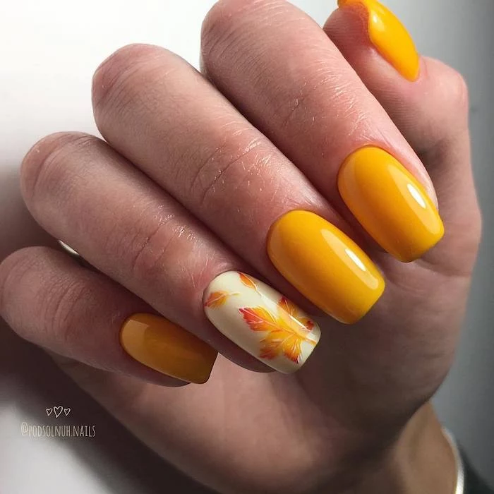 yellow nail polish, yellow and orange, nail polish, short squoval nails, white background, nail color ideas
