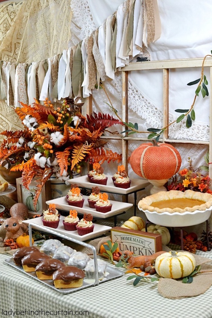fall leaves, flower arrangements, dessert table, chocolate thanksgiving desserts, pumpkin decorations, mini cupcakes