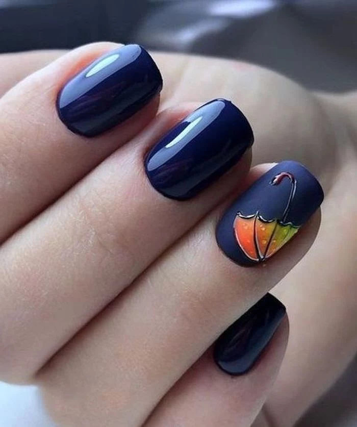 dark blue, matte nail polish, orange and green umbrella, nail decoration, trending nail colors, short squoval nails