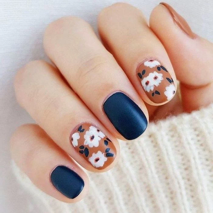 blue and orange, matte nail polish, white flowers, nail decorations, trending nail colors, short squoval nails
