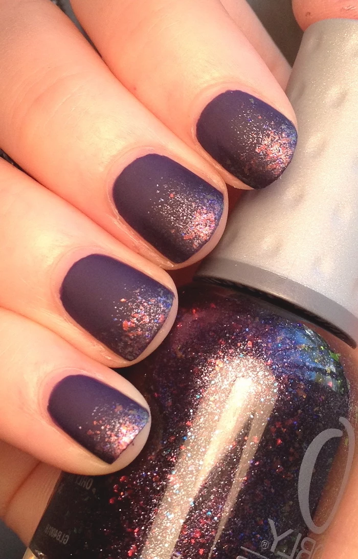 purple matte, nail polish, glitter on top, 2019 nail trends, short squoval nails, nail polish bottle