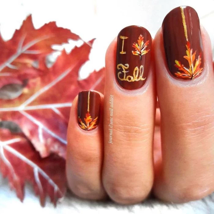 i love fall, dark red, nail polish, yellow and orange leaves, nail decorations, cute nail colors, squoval nails