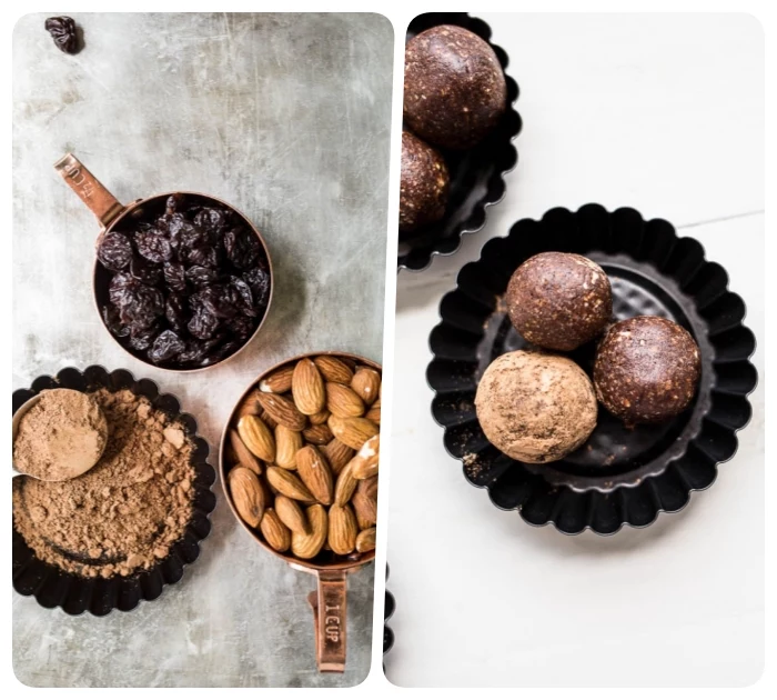 side by side photos, dates and almonds, cocoa in bowls, no bake protein balls, black bowls