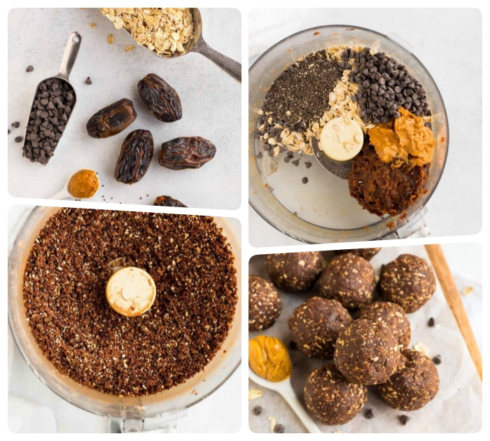 photo collage, chocolate chips, chia seeds, peanut butter, dates and oatmeal, blended together, energy balls recipe
