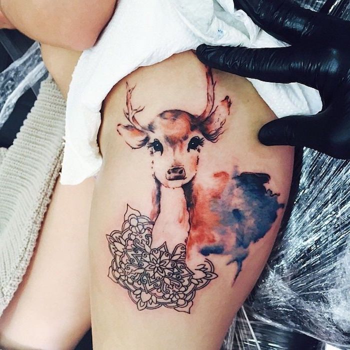 watercolor tattoo, tattoo designs for women, baby deer, mandala flower, black rubber gloves