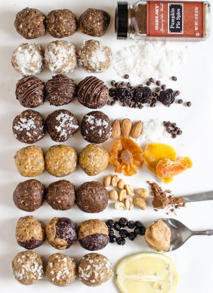 different ingredients, no bake energy balls, different toppings, white background