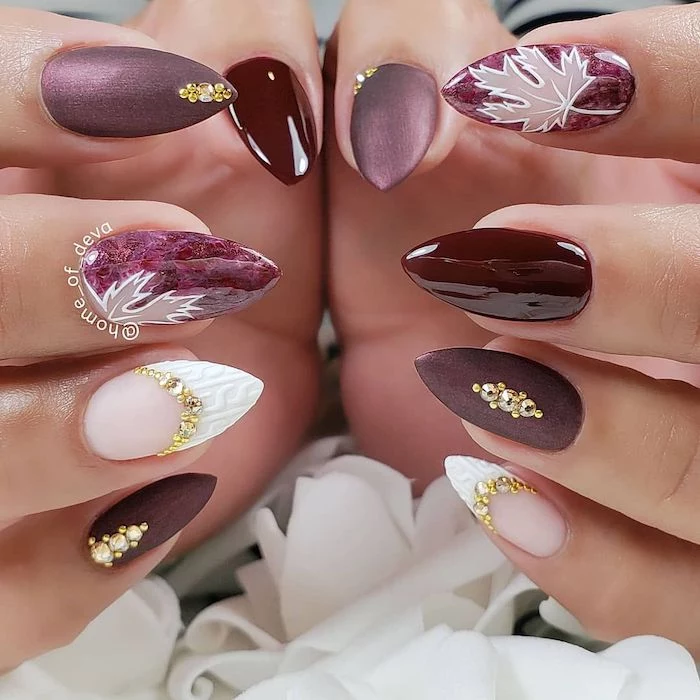burgundy red, matte purple, nail polish, different nail decorations, cute nail colors, gold rhinestones