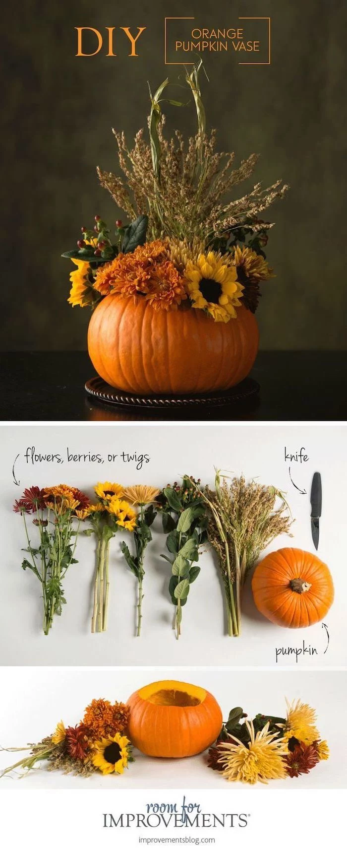 diy orange pumpkin vase, autumn decor, step by step, diy tutorial, faux flowers, photo collage