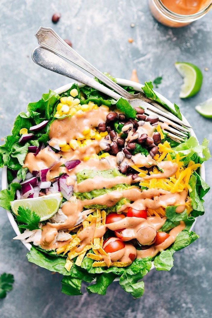 chicken salad, with tomatoes and corn, black beans, cheese and onion, what to cook for dinner tonight easy, two forks