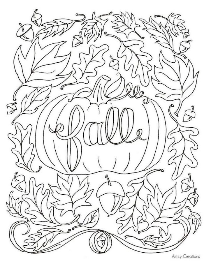 fall leaves, words fall, carved into a pumpkin, printable thanksgiving coloring pages, acorn in the middle