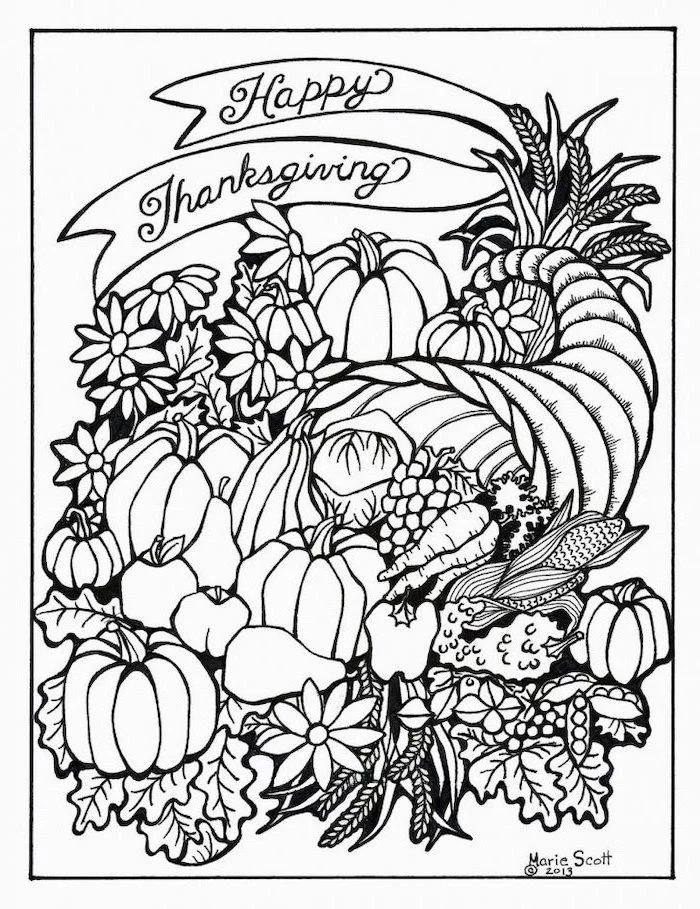 happy thanksgiving, printable thanksgiving coloring pages, pumpkins and fall leaves, inside a cornucopia