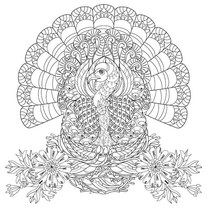 turkey with floral motifs, black and white sketch, thanksgiving coloring pages