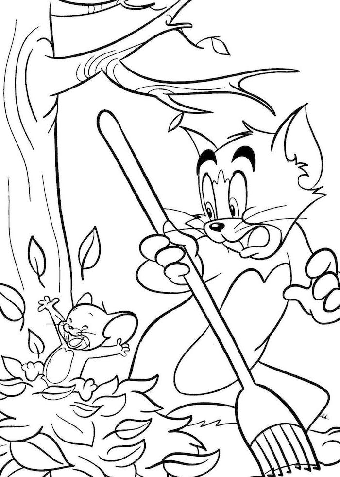 tom and jerry, gathering leaves, thanksgiving coloring pages, black and white sketch