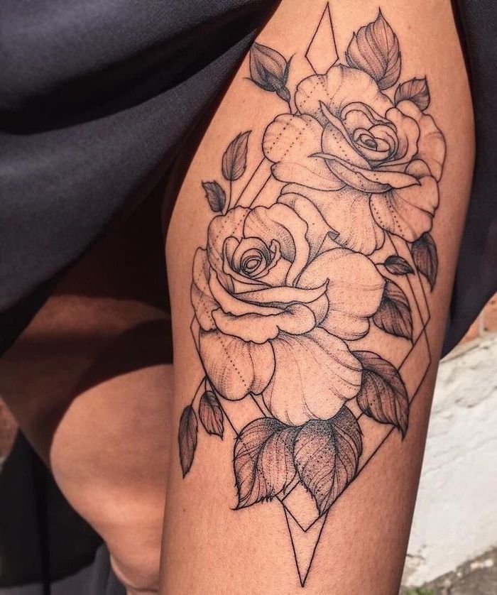 two roses, geometrical tattoo, tattoo ideas for women, black dress